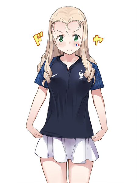 &gt;:) 2018_fifa_world_cup blonde_hair blue_shirt closed_mouth commentary cowboy_shot drill_hair facepaint france french_flag girls_und_panzer green_eyes katatsuka_kouji long_hair looking_at_viewer marie_(girls_und_panzer) miniskirt nike shirt shirt_tug short_sleeves simple_background skirt smile smug soccer soccer_uniform solo sportswear standing v-shaped_eyebrows white_background white_skirt world_cup