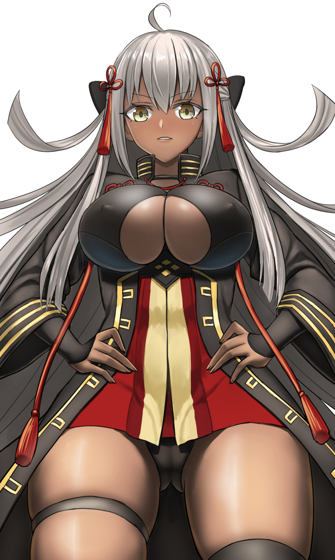 ahoge arisku black_bow black_coat black_panties bow breasts cleavage_cutout commentary covered_nipples dark_skin dress fate/grand_order fate_(series) hair_between_eyes hands_on_hips japanese_clothes large_breasts long_coat long_hair looking_at_viewer okita_souji_(alter)_(fate) okita_souji_(fate)_(all) open_mouth panties pantyshot pantyshot_(standing) red_dress short_dress single_thighhigh solo standing tassel thigh_strap thighhighs underboob underwear white_hair yellow_eyes