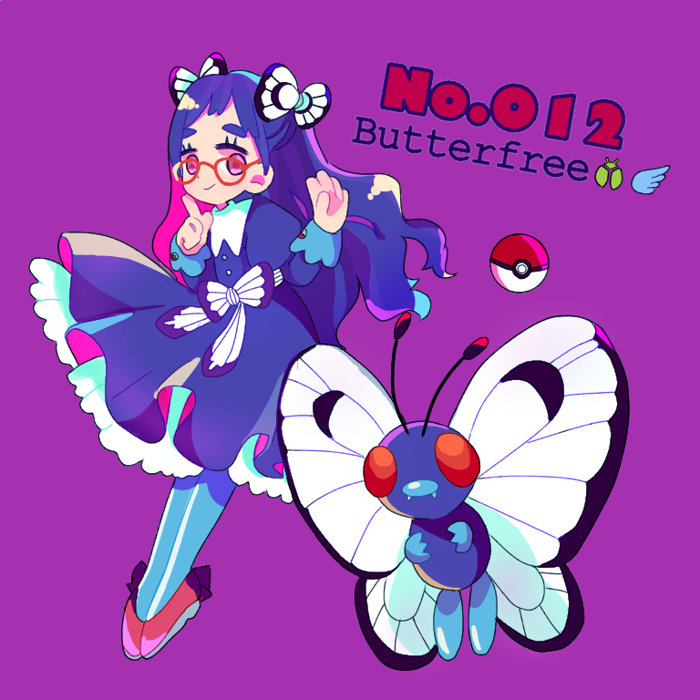 bad_id bad_pixiv_id black_dress black_hair butterfree character_name dress english full_body gen_1_pokemon hand_up long_hair long_sleeves looking_at_viewer mameeekueya moemon pantyhose personification poke_ball pokemon pokemon_(creature) purple_background red_eyes red_footwear shoes simple_background smile standing