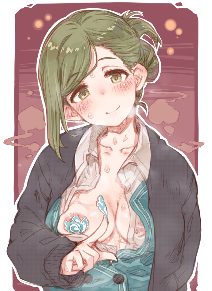 7010 areolae bangs blush breasts cardigan collarbone eyebrows_visible_through_hair folded_ponytail green_eyes green_hair green_vest head_tilt idolmaster idolmaster_shiny_colors jacket looking_at_viewer medium_breasts nanakusa_hazuki open_cardigan open_clothes open_mouth open_shirt pasties see-through sleeves_past_wrists smile solo sweat vest