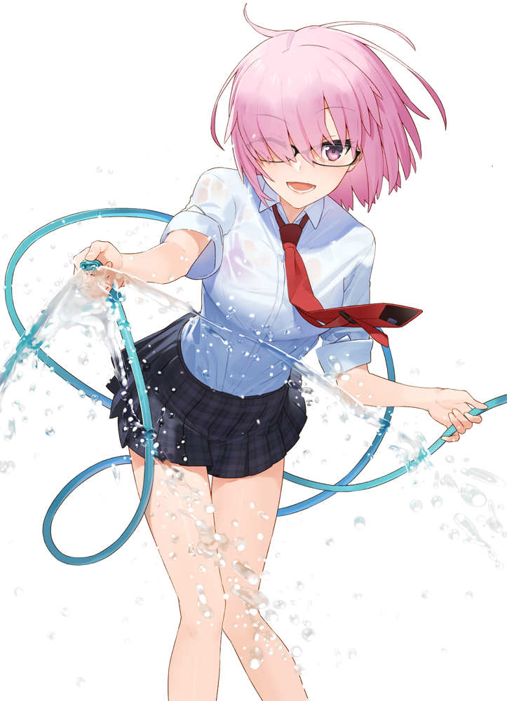 ;d alternate_costume bangs black-framed_eyewear black_skirt blush bra_through_clothes collared_shirt commentary_request eyebrows_visible_through_hair fate/grand_order fate_(series) glasses hair_over_one_eye hayashi_kewi holding holding_hose hose hose_reel looking_at_viewer mash_kyrielight miniskirt necktie one_eye_closed open_mouth plaid plaid_skirt pleated_skirt purple_eyes purple_hair red_neckwear shirt short_hair short_sleeves simple_background skirt smile solo spraying water white_background white_shirt