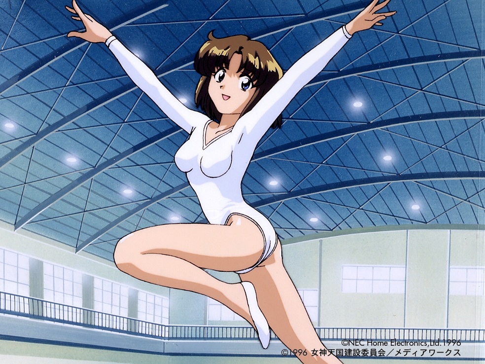 1girl 90s arms_up blue_eyes brown_hair copyright_name dated gymnast_leotard indoors leg_up leotard lilith_(megami_paradise) long_sleeves looking_at_viewer megami_paradise official_art open_mouth short_hair solo twisted_torso v-neck white_footwear white_leotard yoshizane_akihiro
