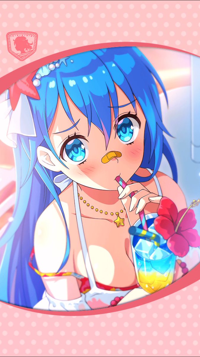 artist_request bandaid bandaid_on_nose bead_bracelet beads blue_eyes blue_hair blush bracelet breasts cleavage drinking drinking_straw framed_image hair_ornament highres jewelry keraunos_(phantom_of_the_kill) long_hair looking_at_viewer necklace official_art phantom_of_the_kill star star_necklace strap_slip swimsuit swimsuit_under_clothes