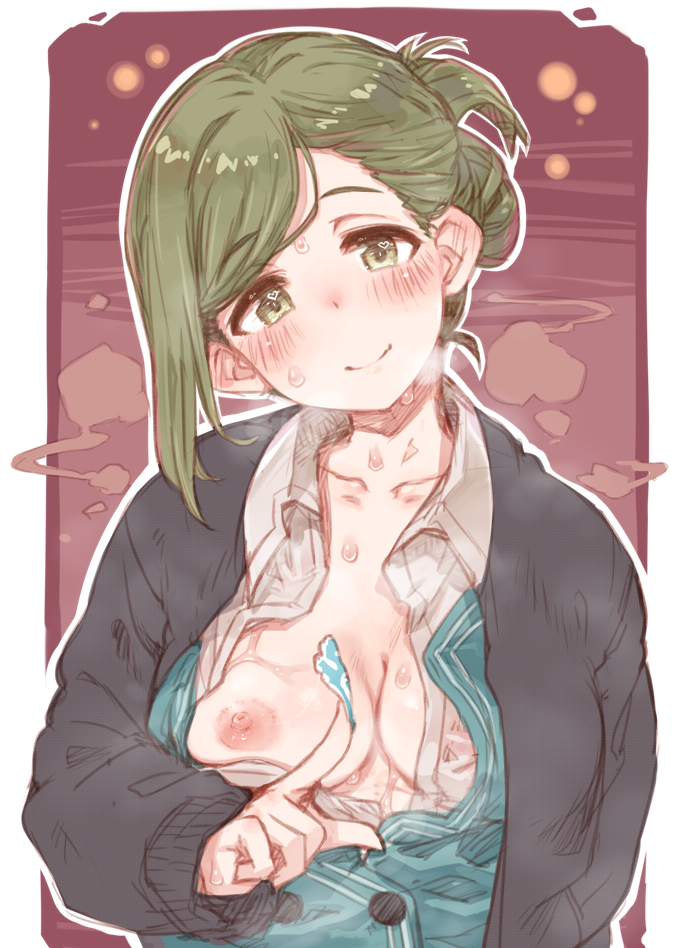 7010 bangs blush breasts cardigan collarbone eyebrows_visible_through_hair folded_ponytail green_eyes green_hair green_vest head_tilt idolmaster idolmaster_shiny_colors jacket looking_at_viewer medium_breasts nanakusa_hazuki open_cardigan open_clothes open_mouth open_shirt pasties_removed see-through sleeves_past_wrists smile solo sweat vest