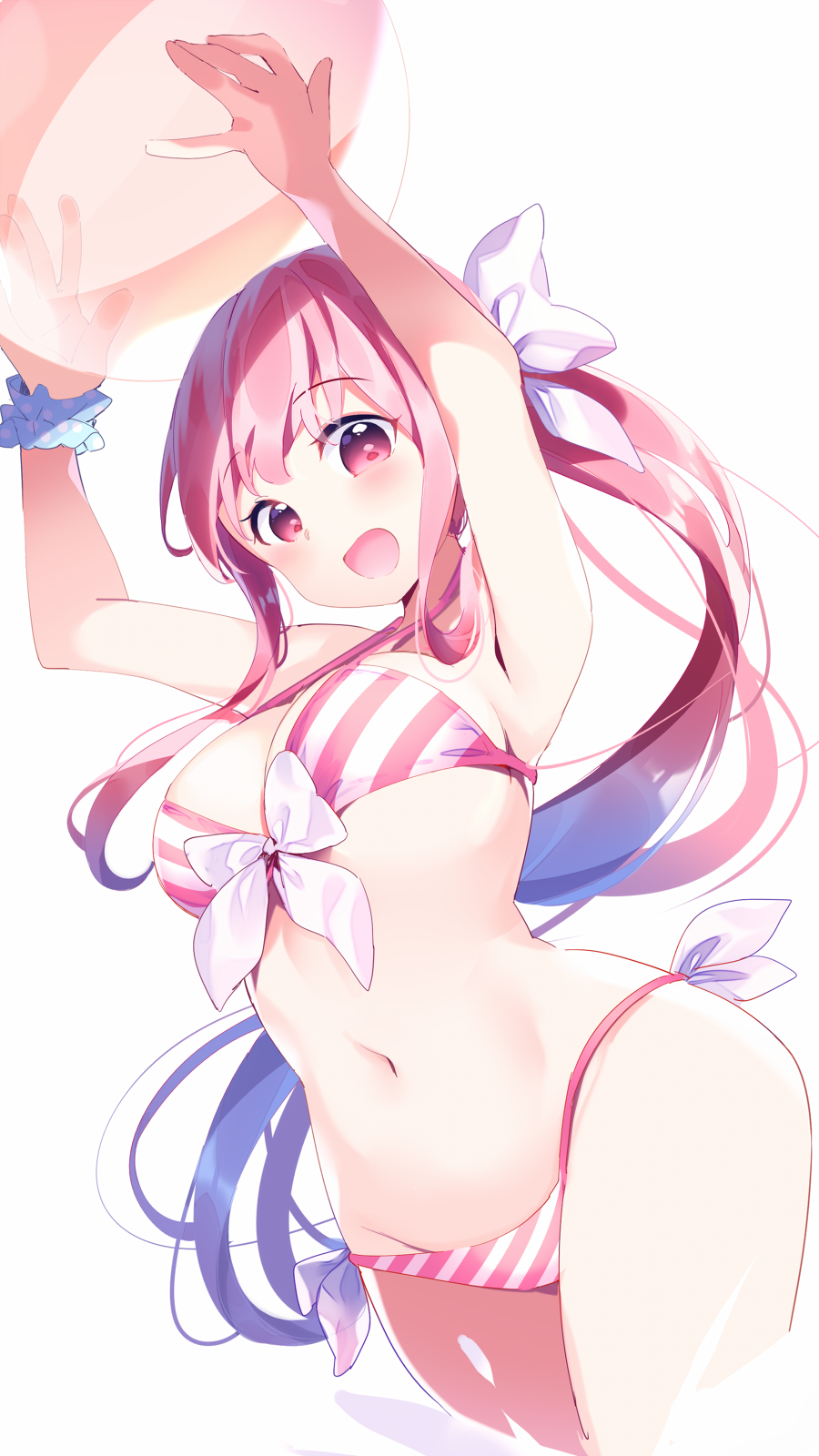 :d arms_up ball bangs bare_shoulders beachball bikini blue_scrunchie blush bow bow_bikini breasts chikuwa. cleavage commentary_request eyebrows_visible_through_hair groin hair_bow highres holding holding_ball large_breasts long_hair looking_at_viewer navel open_mouth original pink_hair polka_dot polka_dot_scrunchie ponytail red_eyes scrunchie side-tie_bikini simple_background smile solo striped striped_bikini swimsuit transparent very_long_hair white_background white_bow wrist_scrunchie
