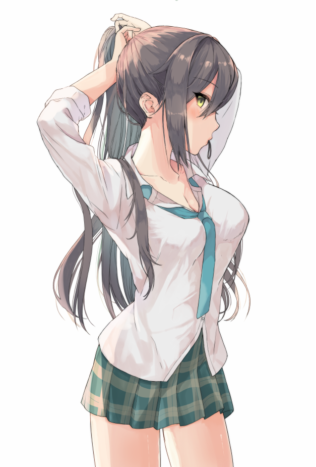 arms_up bangs black_hair blush breasts cleavage closed_mouth collarbone commentary dress_shirt green_neckwear green_skirt hair_between_eyes high_ponytail idolmaster idolmaster_shiny_colors large_breasts long_hair looking_at_viewer looking_to_the_side loose_necktie mouth_hold necktie plaid plaid_skirt pleated_skirt ponytail school_uniform shirase_sakuya shirt simple_background skirt sleeves_rolled_up solo thighs tying_hair white_background white_shirt yellow_eyes yuko_(haruruyuco)