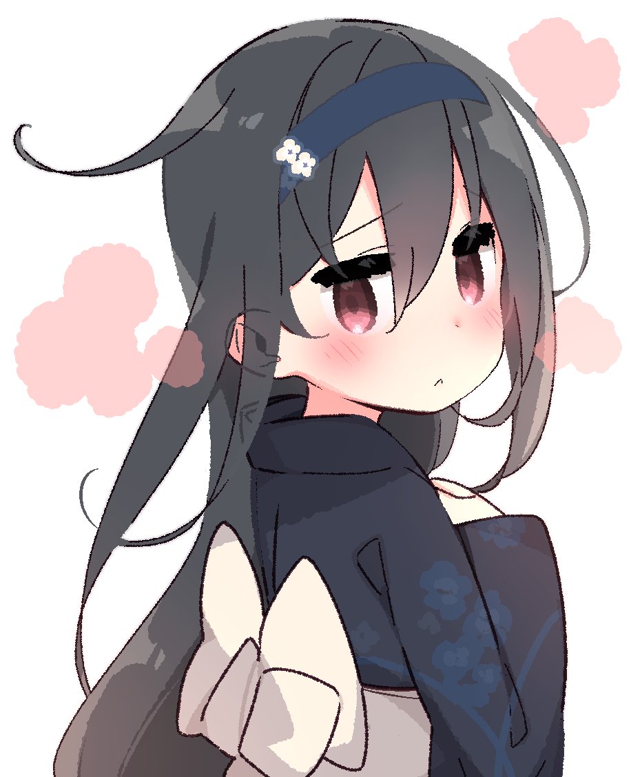 :&lt; alternate_costume black_hair blush commentary_request ears_visible_through_hair floral_print from_behind furrowed_eyebrows hairband hatsushimo_(kantai_collection) japanese_clothes kantai_collection kimono long_hair looking_at_viewer looking_back red_eyes solo upper_body white_background yoru_nai yukata