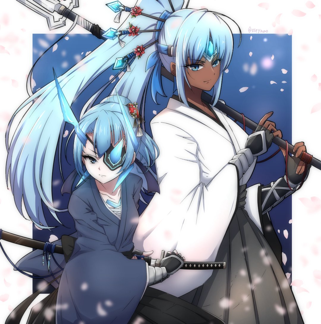 blue_eyes blue_hair breasts dark_skin eyepatch horn japanese_clothes long_hair looking_at_viewer mochimochi_(xseynao) multiple_girls open_mouth polearm ponytail seori_(xenoblade) short_hair simple_background spear tokiha_(xenoblade) weapon white_hair xenoblade_(series) xenoblade_2