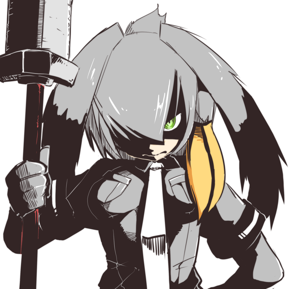 370ml bangs bird_wings black_gloves black_hair breast_pocket closed_mouth collared_shirt fingerless_gloves gloves green_eyes grey_hair grey_neckwear grey_shirt hair_over_one_eye hand_on_hip hand_up high_contrast holding holding_spear holding_weapon kemono_friends long_hair long_sleeves looking_at_viewer low_ponytail multicolored_hair necktie orange_hair pocket polearm serious shaded_face shirt shoebill_(kemono_friends) short_over_long_sleeves short_sleeves side_ponytail simple_background solo spear upper_body weapon wings