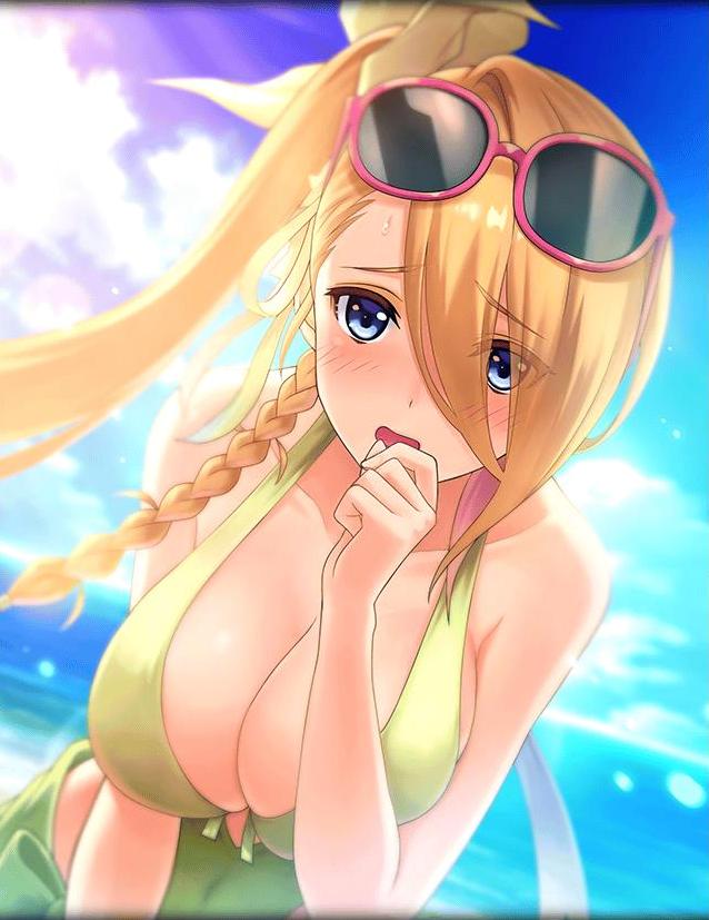 bent_over blonde_hair blue_eyes blush braid breasts cleavage day eyewear_on_head green_swimsuit hair_ornament hand_to_own_mouth huge_breasts ocean official_art open_mouth phantom_of_the_kill ponytail shinobi_nightmare sky sunglasses swimsuit yuri_(shinobi_nightmare)