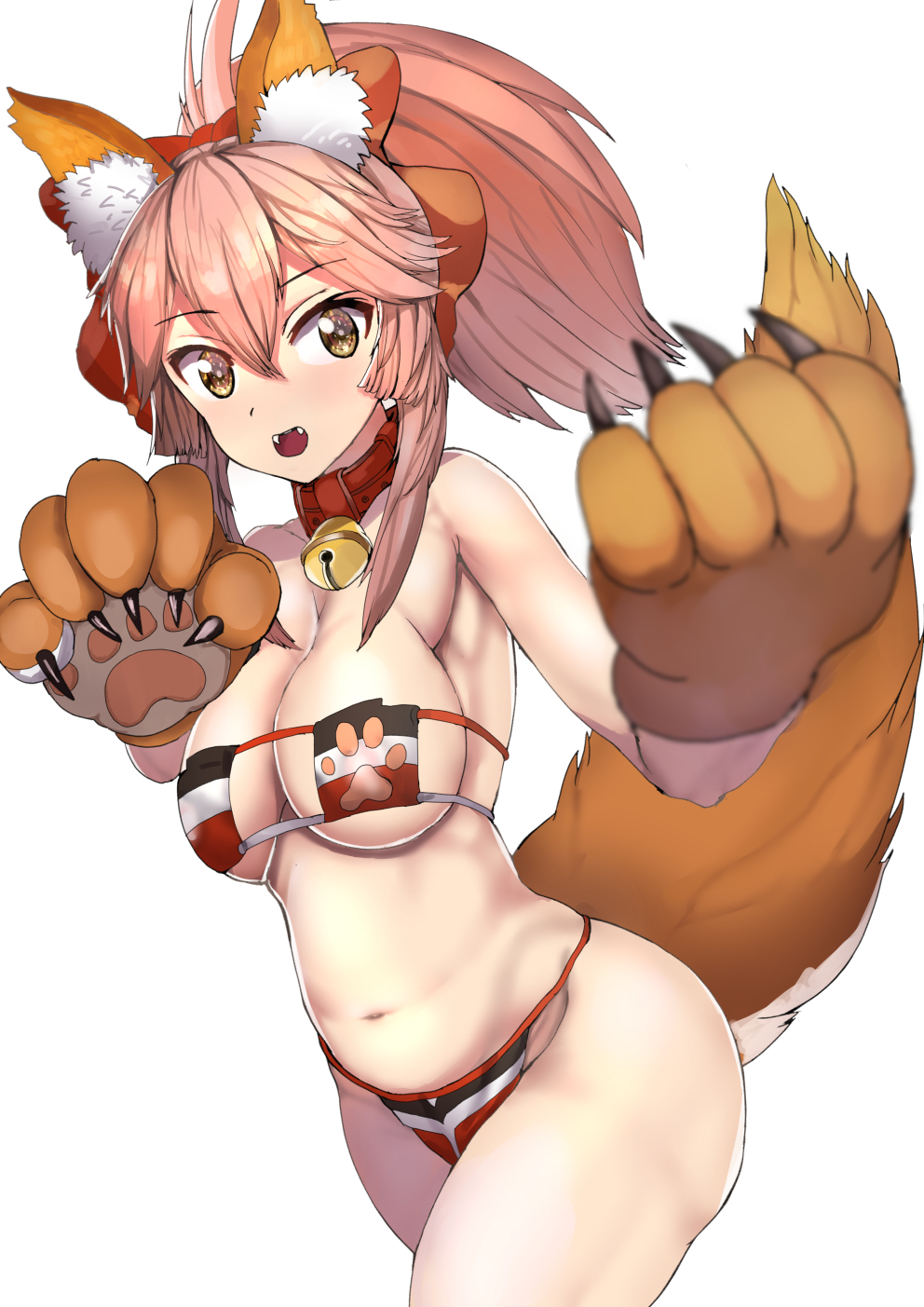 animal_ear_fluff animal_ears bell bell_collar bikini breasts cat_hair_ornament cat_paws cleavage collar eyepatch_bikini fangs fate/grand_order fate_(series) fox_ears fox_tail gloves groin hair_ornament hair_ribbon highres jingle_bell large_breasts long_hair looking_at_viewer navel open_mouth paw_gloves paws pink_hair ponytail red_ribbon ribbon sikijou77o simple_background solo swimsuit tail tamamo_(fate)_(all) tamamo_cat_(fate) white_background yellow_eyes