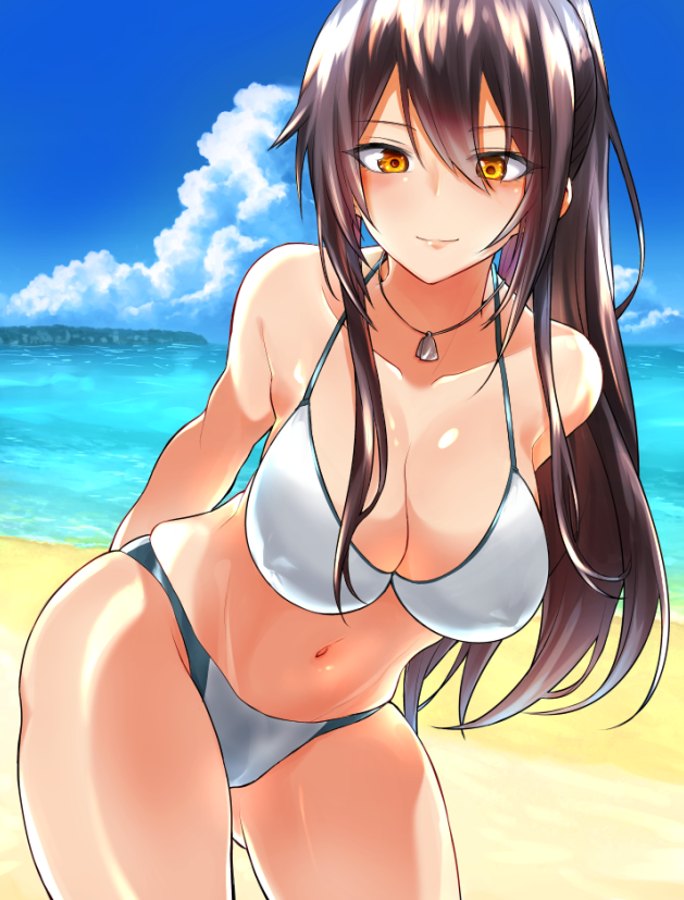arms_behind_back bangs bare_shoulders beach bikini black_hair blue_sky blush breasts cleavage closed_mouth collarbone commentary_request day dog_tags hair_between_eyes hips idolmaster idolmaster_shiny_colors large_breasts leaning_forward long_hair looking_at_viewer navel ocean ponytail rikosyegou shirase_sakuya sky smile solo swimsuit thighs white_bikini yellow_eyes