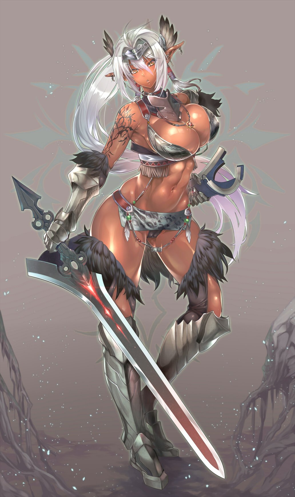 arm_guards armor armored_boots bangs bikini_armor boots breasts cleavage commentary_request dark_elf dark_skin ear_piercing elf eyebrows_visible_through_hair feathers forest full_body fur_trim gloves grey_background headgear highres hijiri holding holding_weapon jewelry large_breasts long_hair long_sword looking_at_viewer nature navel necklace original piercing pointy_ears scabbard sheath side_ponytail sidelocks simple_background solo tattoo thighhighs underbust very_long_hair weapon white_hair yellow_eyes