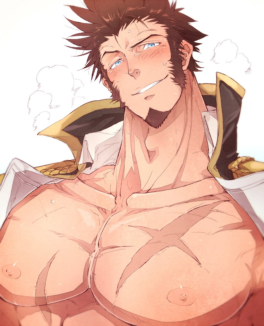 beard blue_eyes blush brown_hair chest columns_ke epaulettes facial_hair fate/grand_order fate_(series) grin head_tilt jacket looking_at_viewer male_focus napoleon_bonaparte_(fate/grand_order) nipples open_clothes open_jacket pectorals scar sideburns simple_background smile solo white_background
