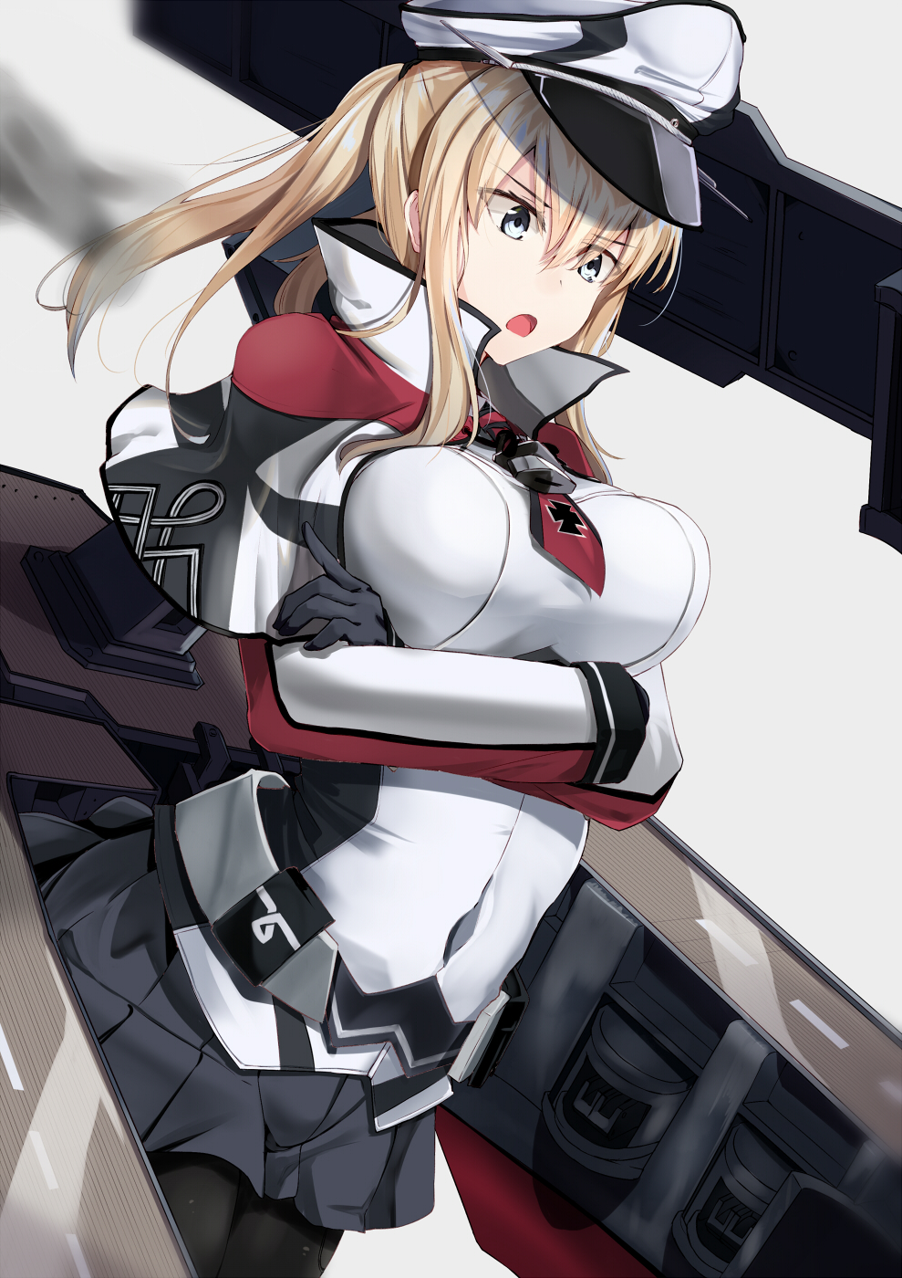 bangs black_gloves black_legwear blonde_hair blue_eyes blush breasts capelet commentary_request cross crossed_arms eyebrows_visible_through_hair gloves graf_zeppelin_(kantai_collection) hair_between_eyes hat highres impossible_clothes jacket kantai_collection large_breasts long_hair machinery military military_uniform miniskirt necktie ninoude_(ninoude44) open_mouth pantyhose peaked_cap revision rigging sidelocks skirt solo tsurime twintails uniform