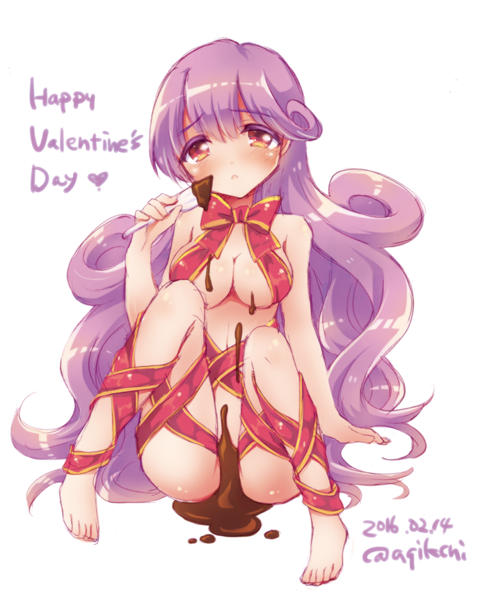 blush breasts chocolate cleavage commentary_request convenient_censoring curly_hair dragon_quest dragon_quest_ii kichijou_agata long_hair looking_at_viewer naked_ribbon no_panties princess princess_of_moonbrook purple_hair ribbon sexually_suggestive solo valentine