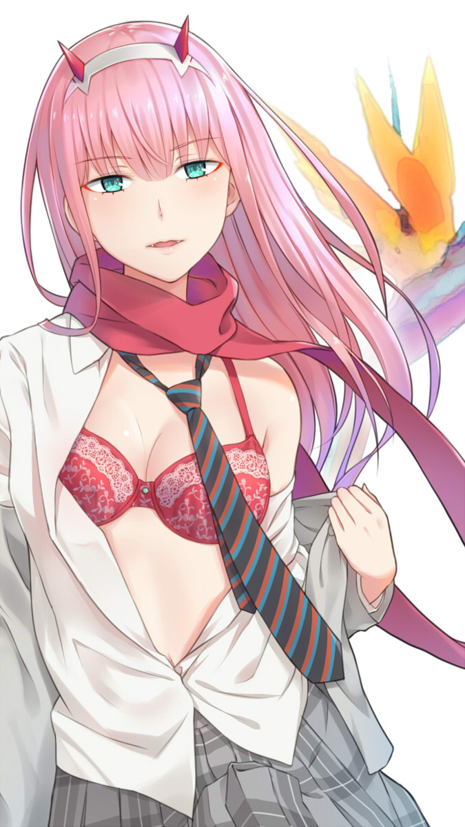 bird_of_paradise black_neckwear blue_eyes bra commentary_request contrapposto darling_in_the_franxx diagonal-striped_neckwear flower full_body grey_jacket grey_skirt hairband highres horns jacket kanden_suki long_hair looking_at_viewer necktie open_clothes open_shirt parted_lips pink_hair red_bra red_scarf scarf shirt skirt smile solo standing underwear undressing white_shirt zero_two_(darling_in_the_franxx)