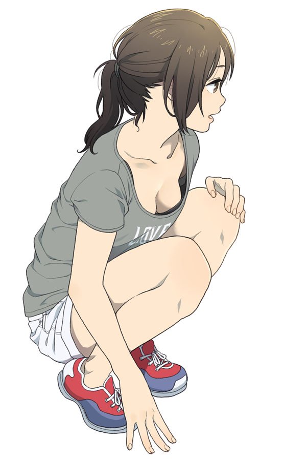 bra brown_hair brown_shirt commentary_request full_body mattaku_mousuke original ponytail shirt shoes shorts simple_background sneakers solo squatting t-shirt underwear white_background