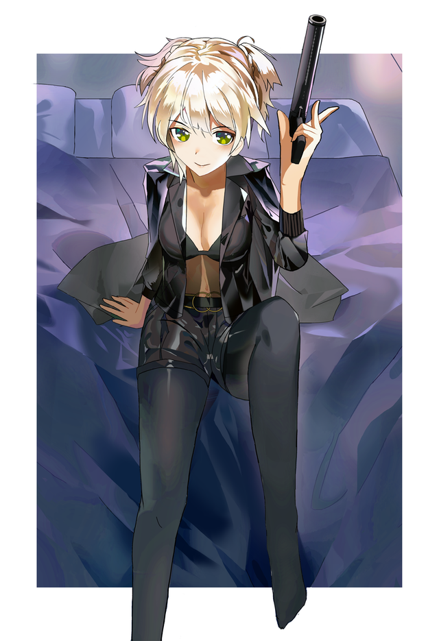 arm_support bed black_bra blanket blonde_hair bra breasts cleavage girls_frontline green_eyes gun jacket_on_shoulders looking_at_viewer nanidato_(nanidat0) navel open_clothes open_shirt pantyhose pillow shadow shorts smile solo underwear weapon welrod_mk2 welrod_mk2_(girls_frontline)
