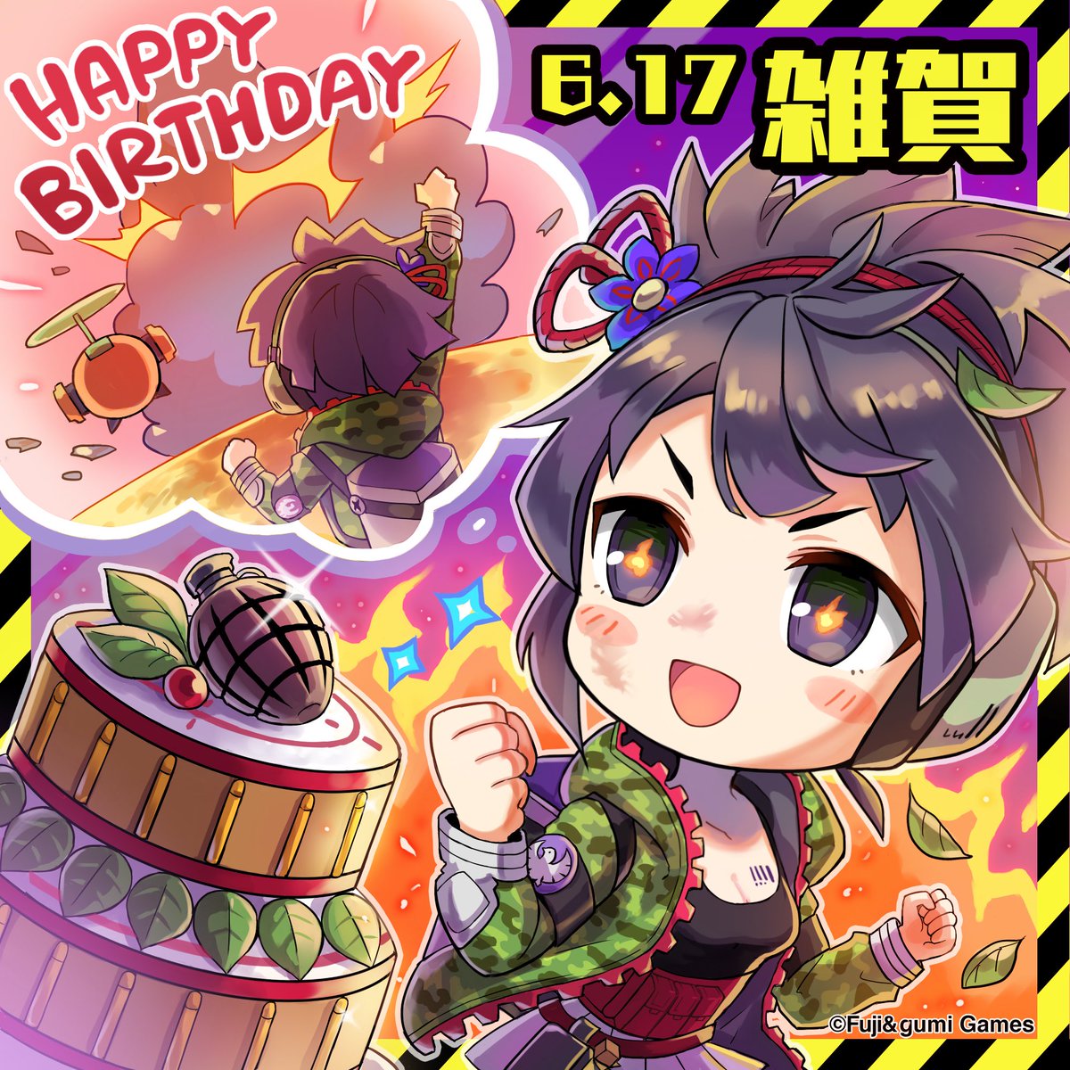 armband artist_request barcode_tattoo belt black_tank_top blush_stickers cake camouflage camouflage_jacket chibi company_name dirty_face explosion explosive food green_jacket grenade happy_birthday highres imagining jacket leaf official_art phantom_of_the_kill purple_eyes purple_hair saiga_(phantom_of_the_kill) short_hair sparkle symbol-shaped_pupils tattoo thought_bubble