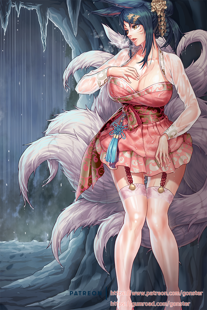ahri alternate_costume animal_ears black_hair breast_suppress breasts cave cleavage commentary_request dress dynasty_ahri fox_ears frilled_skirt frills full_body garter_straps gonster hair_bun hair_ornament half-closed_eyes hanbok hand_on_own_chest huge_breasts korean_clothes league_of_legends long_sleeves looking_to_the_side multiple_tails parted_lips rain skirt solo stalactite tail thighhighs tied_hair wet wet_clothes whisker_markings yellow_eyes zettai_ryouiki