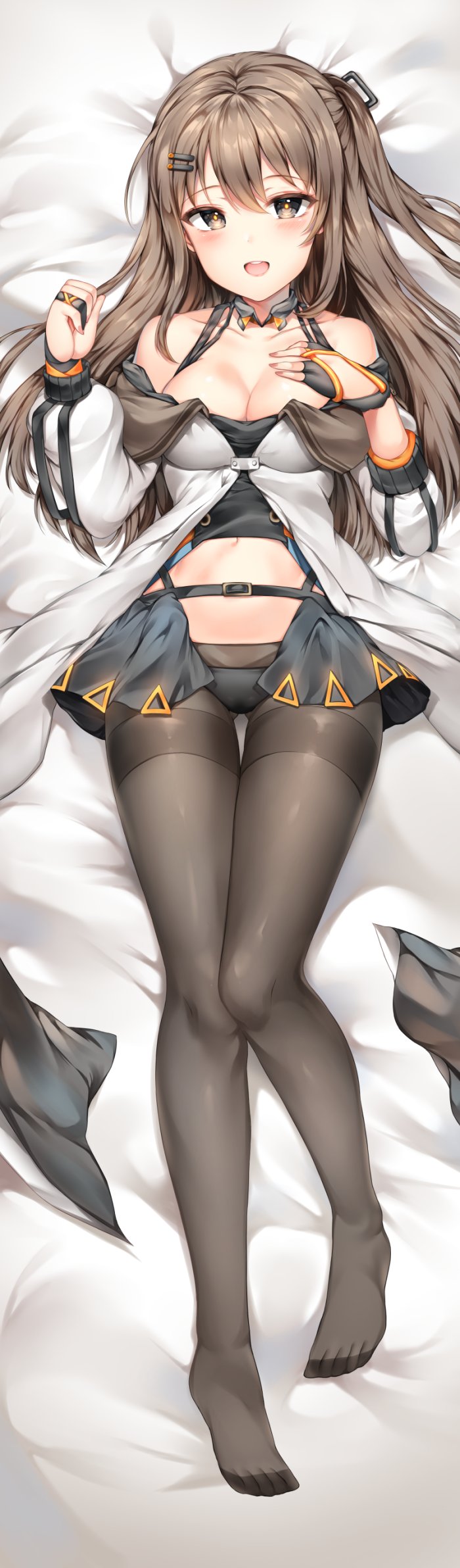 bangs bare_shoulders bed_sheet black_panties black_skirt blush breasts brown_eyes brown_hair brown_legwear cleavage clenched_hand collarbone commentary_request dakimakura eyebrows_visible_through_hair fingerless_gloves full_body girls_frontline gloves hair_ornament hairclip hand_on_own_chest hand_up highres jacket k-2_(girls_frontline) long_hair looking_at_viewer lying medium_breasts miniskirt navel no_shoes off_shoulder on_back open_clothes open_jacket open_mouth open_skirt painteen panties pantyhose partly_fingerless_gloves sidelocks simple_background skirt smile solo stomach strap tareme thighband_pantyhose underwear upper_teeth