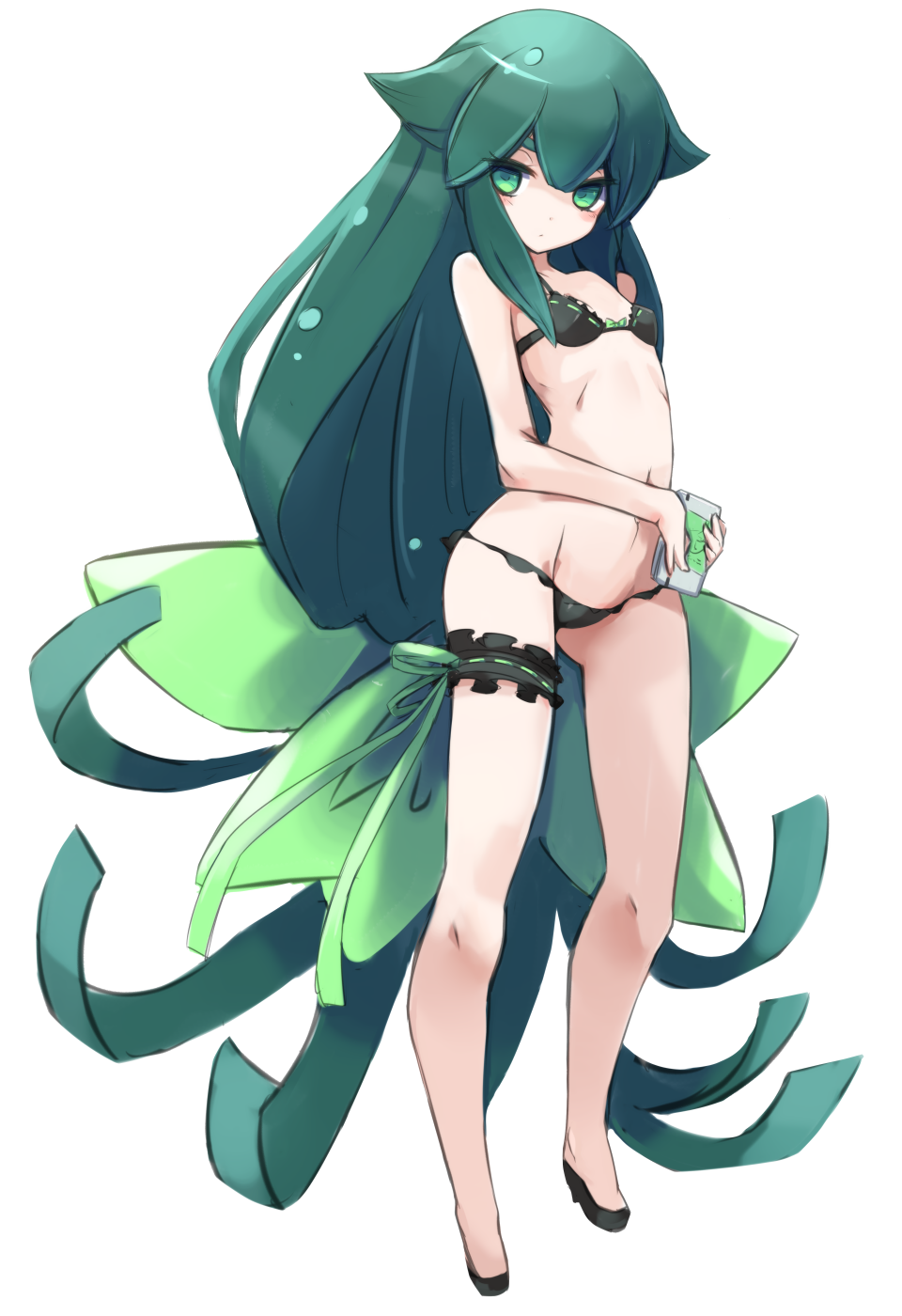 absurdly_long_hair bangs bare_arms bare_shoulders black_bra black_footwear black_panties blush bow bow_bra bra breasts closed_mouth commentary_request gatchaman_crowds green_eyes green_hair green_ribbon groin hair_between_eyes hair_flaps highres holding karukan_(monjya) leg_garter long_hair looking_at_viewer low-tied_long_hair navel panties ribbon ribbon-trimmed_bra ribbon_trim shoes sidelocks simple_background small_breasts solo standing underwear utsutsu very_long_hair white_background