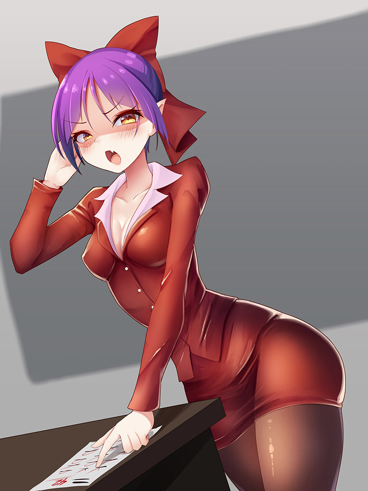 alternate_costume black_legwear blush bow breasts cat_girl cleavage desk dress_shirt dutch_angle eyebrows_visible_through_hair fang formal gegege_no_kitarou hair_bow hand_in_hair jacket long_sleeves medium_breasts miniskirt nekomusume nekomusume_(gegege_no_kitarou_6) pantyhose pencil_skirt pointing pointy_ears purple_hair red_bow red_jacket red_skirt shirt short_hair skirt skirt_suit solo suit teacher thighs v-shaped_eyebrows white_shirt yellow_eyes z.o.b