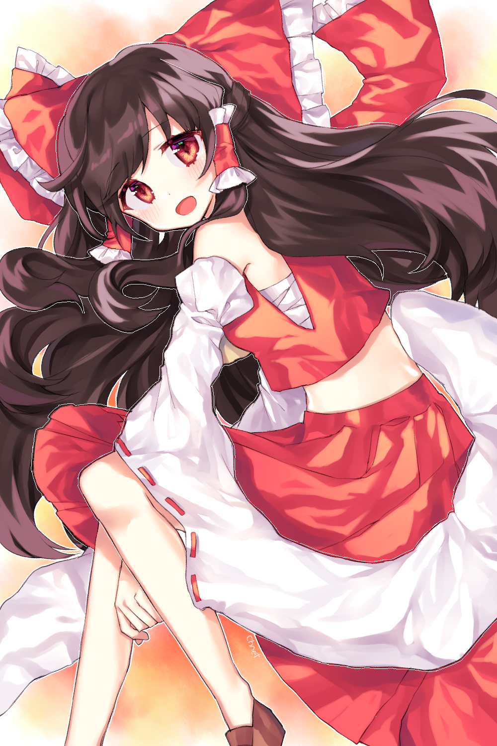 :d bare_shoulders black_hair blush bow cheunes detached_sleeves hair_bow hair_tubes hakurei_reimu highres large_bow loafers long_hair midriff open_mouth red_eyes ribbon-trimmed_sleeves ribbon_trim sarashi shoes signature skirt skirt_set smile solo touhou turning_head very_long_hair wide_sleeves
