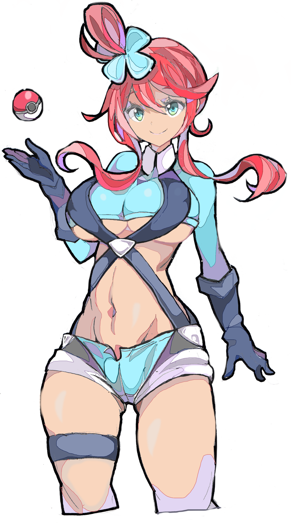 ass_visible_through_thighs bangs blue_eyes blue_gloves breasts closed_mouth enpe fuuro_(pokemon) gloves groin gym_leader hair_between_eyes hair_bun highres large_breasts long_hair long_sleeves midriff navel open_fly poke_ball poke_ball_(generic) pokemon pokemon_(game) pokemon_bw red_hair short_shorts shorts simple_background smile solo thigh_strap thighs underboob white_background