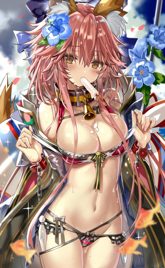 bangs bell blue_bow blue_flower blush bow breasts brown_eyes brown_hair chain cleavage cloud commentary_request eyebrows_visible_through_hair fate/grand_order fate_(series) flower groin hair_between_eyes hair_bow hair_flower hair_ornament holding long_hair looking_at_viewer navel shino_(eefy) sky solo tamamo_(fate)_(all) tamamo_no_mae_(fate) weapon wet
