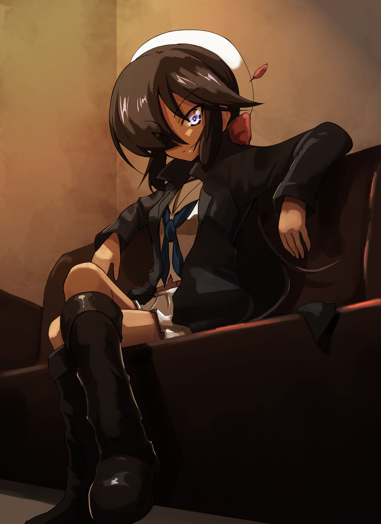 bangs black_coat black_eyes black_footwear black_hair blouse boots bow coat commentary couch crossed_arms dark dark_skin dixie_cup_hat eyebrows_visible_through_hair eyes_visible_through_hair girls_und_panzer hair_bow hair_over_one_eye hat hat_feather highres jinguu_(4839ms) knee_boots long_hair long_sleeves military_hat miniskirt navy_blue_neckwear neckerchief ogin_(girls_und_panzer) ooarai_naval_school_uniform open_clothes open_coat pipe pleated_skirt ponytail red_bow sailor sailor_collar school_uniform sitting skirt smirk solo white_blouse white_hat white_skirt