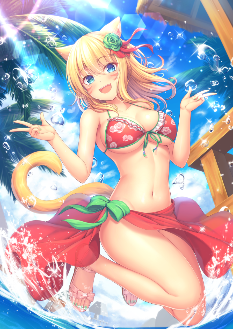 :d animal_ears bikini blonde_hair blue_eyes blue_sky breasts cat_ears cat_tail cleavage cloud day double_w eyebrows_visible_through_hair facial_mark final_fantasy final_fantasy_xiv flower full_body green_nails hair_between_eyes hair_flower hair_ornament hair_ribbon highres jumping lens_flare long_hair looking_at_viewer md5_mismatch medium_breasts miqo'te mutsuba_fumi nail_polish navel open_mouth palm_tree ribbon sandals sarong sky smile solo stomach swimsuit tail toenail_polish tree w water water_drop