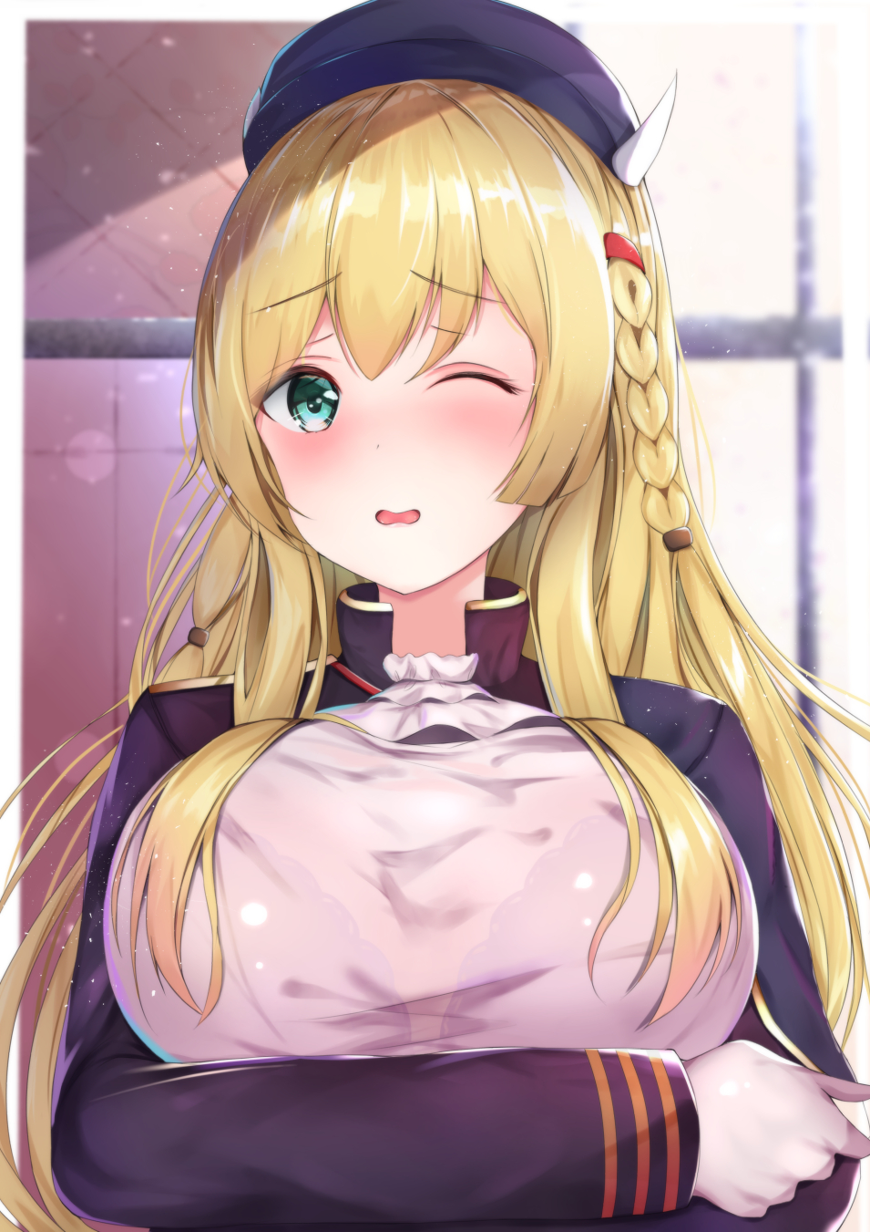 arms_under_breasts ascot azur_lane bangs beret black_jacket blonde_hair blue_hat blush bra_through_clothes braid breast_hold breasts commentary_request eyebrows_visible_through_hair gloves green_eyes hair_between_eyes hair_ornament hairclip hat highres horns houraku jacket kongou_(azur_lane) large_breasts long_hair long_sleeves one_eye_closed open_clothes open_jacket parted_lips see-through shirt side_braid solo very_long_hair wavy_mouth white_gloves white_neckwear white_shirt