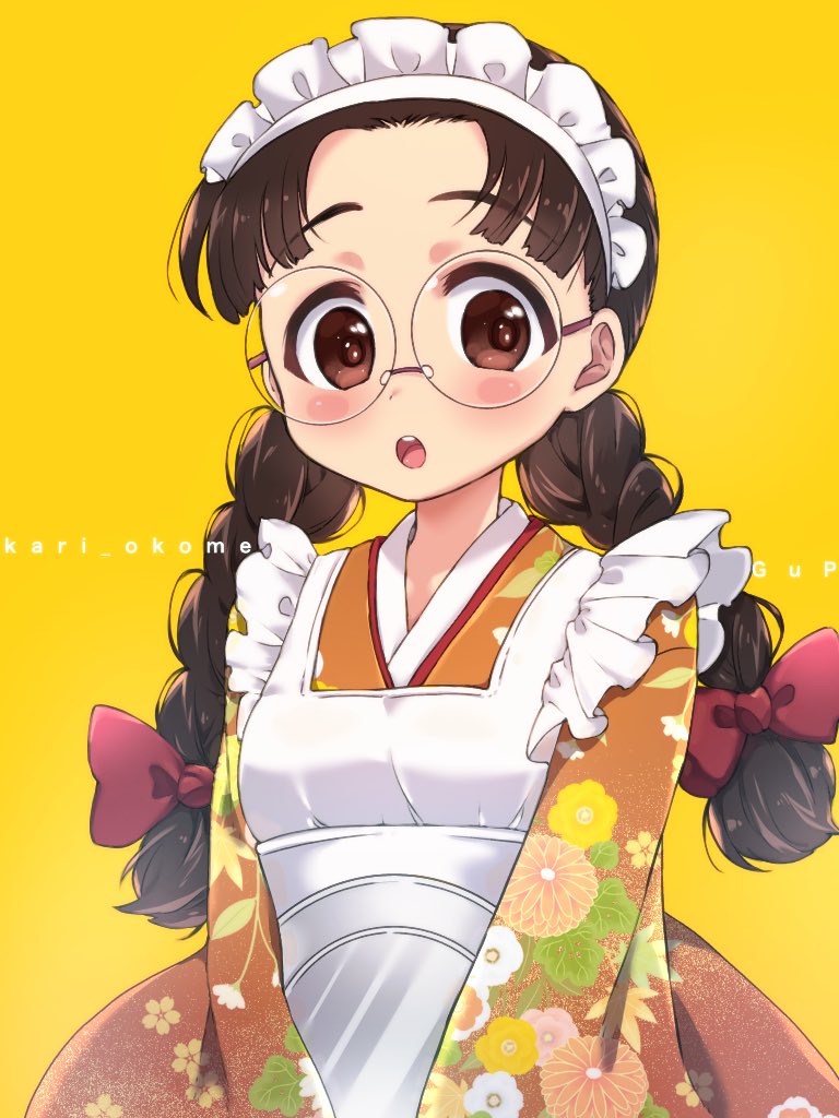 :o alternate_costume apron bangs black_hair blush_stickers bow braid brown_eyes brown_kimono commentary copyright_name eyebrows_visible_through_hair floral_print frilled_apron frills fukuda_(girls_und_panzer) girls_und_panzer glasses hair_bow holding holding_tray japanese_clothes kari_okome kimono long_hair long_sleeves looking_at_viewer maid_apron maid_headdress open_mouth parted_bangs print_kimono red_bow round_eyewear solo standing tray twin_braids twintails twitter_username upper_body wa_maid white_apron wide_sleeves yellow_background