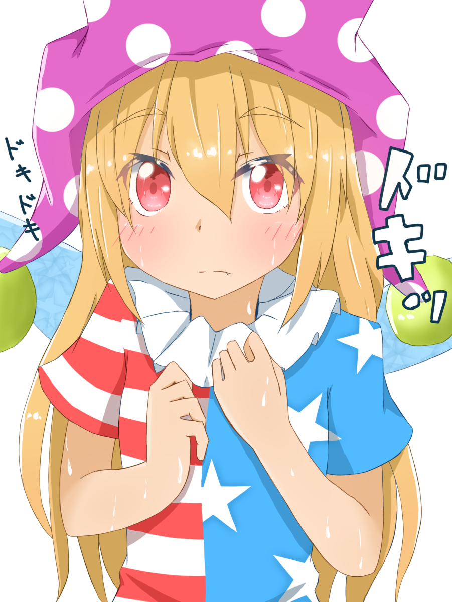 american_flag_shirt arms_up blonde_hair blush clownpiece commentary_request eyebrows_visible_through_hair fairy_wings fang hair_between_eyes hands_on_own_chest hat highres jester_cap light_frown long_hair looking_at_viewer mizune_(winter) neck_ruff onomatopoeia polka_dot_hat purple_hat red_eyes simple_background solo sweat sweating_profusely thick_eyebrows touhou upper_body white_background wings