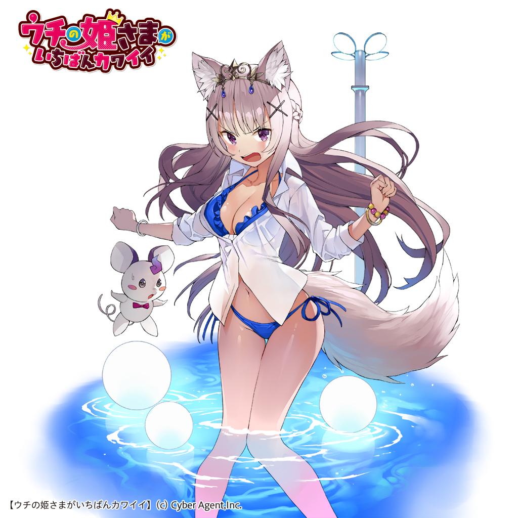 1girl angry animal_ear_fluff animal_ears bangs bikini blue_bikini bracelet braid breasts cleavage copyright_name creature crown feet_out_of_frame fingernails floating_hair fox_ears fox_tail french_braid grey_hair hair_ornament jewelry knees_together_feet_apart lamppost large_breasts long_hair looking_at_viewer matsui_hiroaki navel official_art open_mouth popped_collar purple_hair shirt side-tie_bikini solo standing swimsuit tail thigh_gap uchi_no_hime-sama_ga_ichiban_kawaii wading white_shirt x_hair_ornament