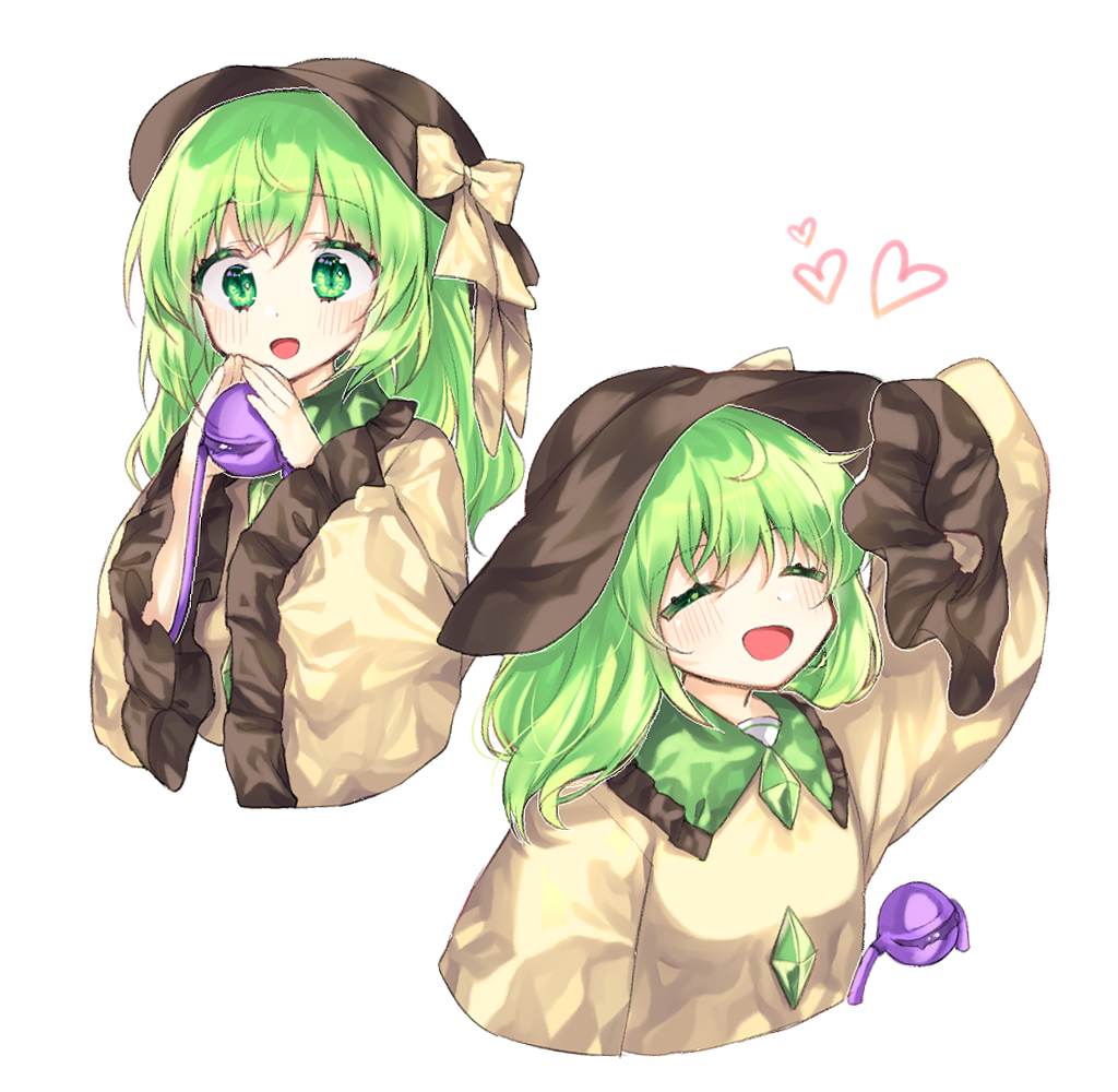 :d ^_^ ^o^ blouse bow cheunes closed_eyes commentary eyeball green_eyes green_hair hat hat_bow hat_ribbon heart komeiji_koishi long_hair open_mouth ribbon sleeves_past_fingers sleeves_past_wrists smile solo third_eye touhou wide_sleeves