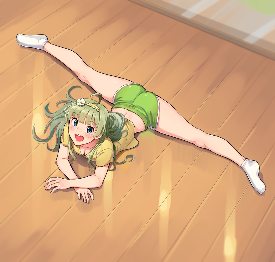:d ahoge arm_support ass bangs bare_legs blue_eyes blunt_bangs blush breasts cleavage exercise eyebrows_visible_through_hair flexible flower from_above full_body green_hair green_shorts gym_shorts hair_flower hair_ornament hair_spread_out hairband idolmaster idolmaster_million_live! indoors kamille_(vcx68) legs long_hair looking_at_viewer looking_up lying midriff no_shoes on_floor on_stomach open_mouth shimabara_elena shirt short_sleeves shorts smile socks solo split spread_legs upper_teeth white_legwear wooden_floor yellow_hairband yellow_shirt
