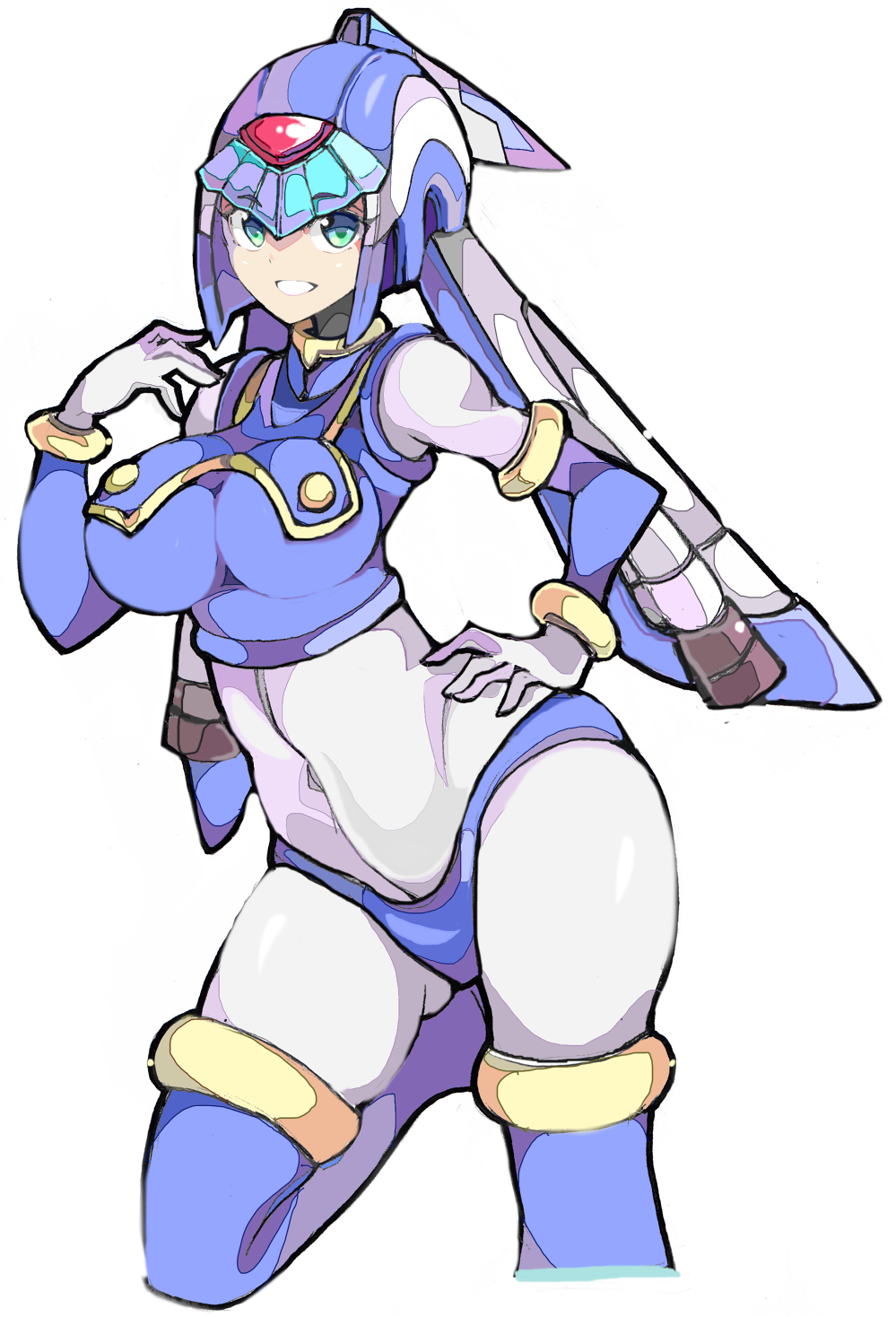 :d aqua_eyes ass_visible_through_thighs blue_legwear blue_panties bodysuit breasts commentary_request covered_navel enpe gold_trim hand_on_hip helmet highres large_breasts leg_up leviathan_(rockman) looking_at_viewer open_mouth panties rockman rockman_zero science_fiction simple_background smile solo thighhighs turtleneck underwear white_background white_bodysuit