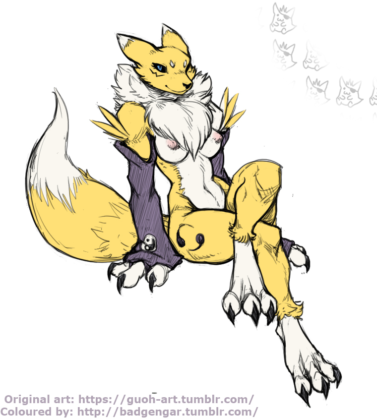 anthro armwear badgengar black_sclera blue_eyes breasts bridal_gauntlets canine claws clothing digimon digital_media_(artwork) facial_markings female fur gloves guoh looking_at_viewer mammal markings mostly_nude nipples renamon simple_background smile solo text url white_background white_fur yellow_fur