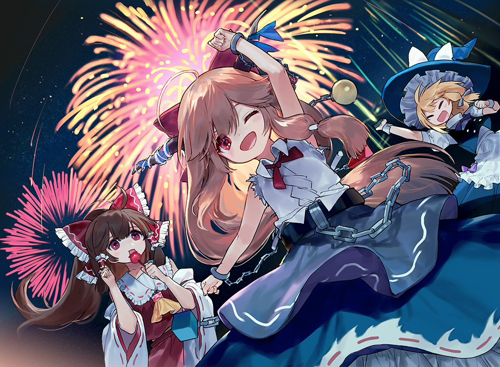 :d ;d ainy77 apron arm_up blonde_hair blue_ribbon blue_skirt bow brown_hair buttons candy_apple chain commentary commentary_request cuffs detached_sleeves fireworks food frilled_apron frilled_bow frills hair_between_eyes hair_bow hair_tubes hakurei_reimu hand_up hat horn_bow horns ibuki_suika kirisame_marisa long_hair multiple_girls necktie night night_sky one_eye_closed oni oni_horns open_mouth orange_hair purple_bow red_bow red_eyes red_neckwear red_shirt red_skirt ribbon ribbon-trimmed_skirt ribbon-trimmed_sleeves ribbon_trim shirt skirt sky sleeveless sleeveless_shirt smile star touhou waist_apron white_bow white_shirt witch_hat wrist_cuffs yellow_neckwear