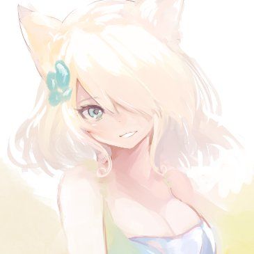 animal_ears bangs bare_shoulders black_footwear blonde_hair blue_dress blue_eyes blush breasts cleavage closed_mouth commentary_request dress eyebrows_visible_through_hair fox_ears fox_girl fox_tail futaba_aoi hair_between_eyes jewelry large_breasts loafers long_hair lowres naomi_(sekai_no_hate_no_kissaten) original pendant ribbed_legwear shoes short_sleeves simple_background smile solo standing standing_on_one_leg tail thighhighs very_long_hair white_background white_legwear