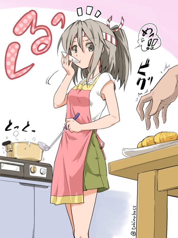 1girl apron breasts casual commentary hachimaki headband kantai_collection ladle light_brown_eyes light_brown_hair long_hair omelet out_of_frame plate ponytail pot small_breasts solo_focus stove tamagoyaki tokinobutt translated twitter_username zuihou_(kantai_collection)