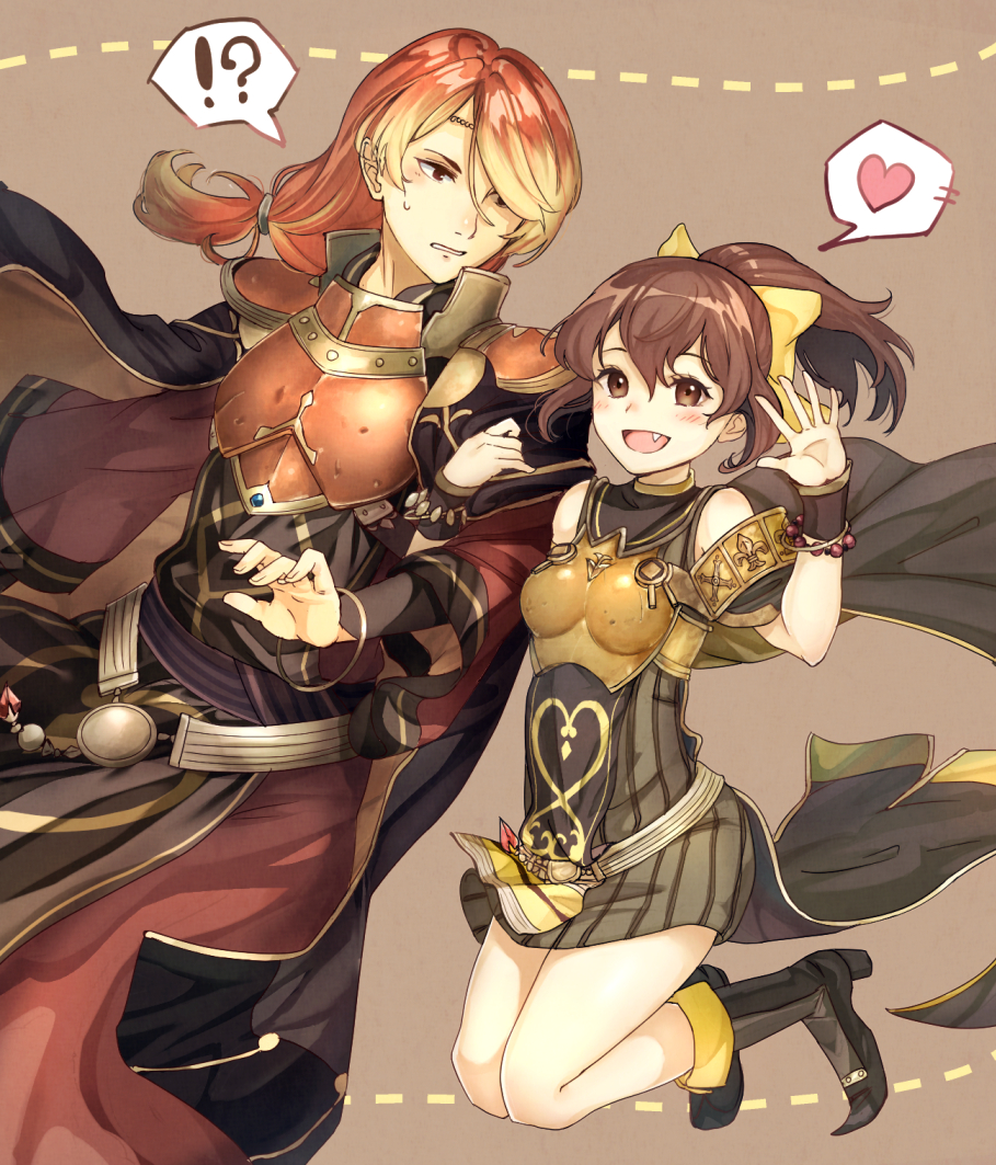 1boy 1girl belt blonde_hair blush boots bow bracelet breastplate brother_and_sister brown_background brown_eyes brown_hair cape dyute_(fire_emblem) fang fire_emblem fire_emblem_echoes:_mou_hitori_no_eiyuuou haru_(nakajou-28) heart jewelry long_hair low_ponytail luthier_(fire_emblem) multicolored_hair open_mouth orange_eyes orange_hair ponytail siblings teeth two-tone_hair