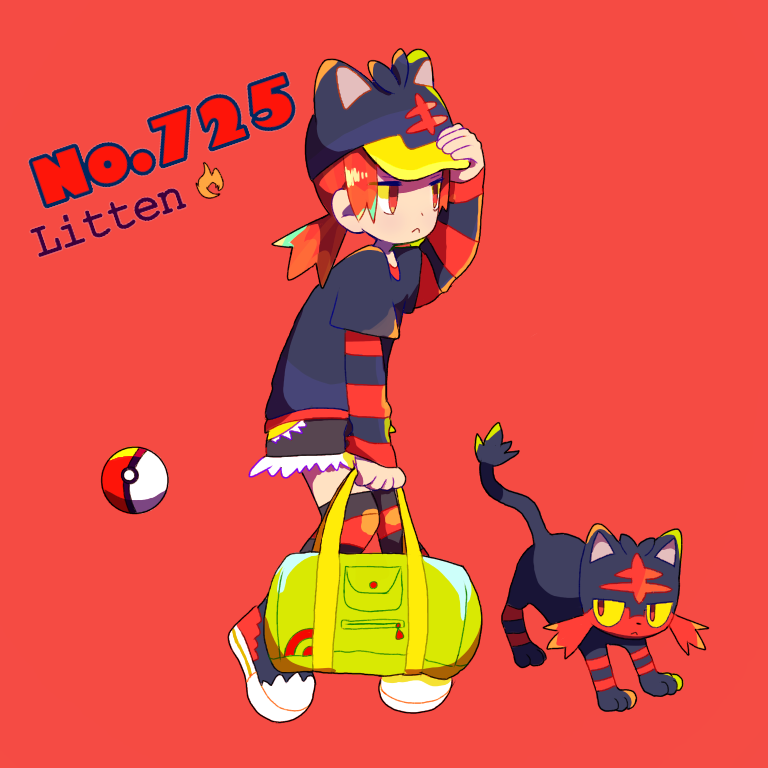 bad_id bad_pixiv_id bag baseball_cap black_shirt character_name gen_7_pokemon green_bag hat litten long_sleeves mameeekueya medium_hair moemon personification poke_ball pokemon pokemon_(creature) ponytail red_background red_eyes red_hair shirt shorts simple_background striped striped_legwear striped_sleeves yellow_sclera