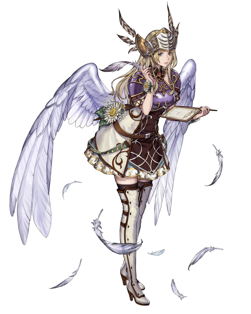 armor belt blonde_hair blue_eyes boots breastplate closed_mouth dress feathered_wings feathers flower full_body helmet holding lips long_hair looking_at_viewer official_art quill short_dress shoulder_armor shoulder_pads silmeria_valkyrie simple_background solo standing thigh_boots thighhighs valkyrie_profile valkyrie_profile_2 valkyrie_profile_anatomia white_background wings yoshinari_kou zettai_ryouiki