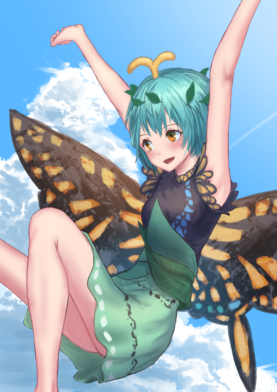 :d antennae aqua_hair armpits arms_up bangs bare_arms blue_sky butterfly_wings cloud day dress eternity_larva fairy flying hair_ornament highres leaf leaf_hair_ornament leg_up open_mouth orange_eyes outdoors roke_(taikodon) short_hair sky smile solo touhou wings