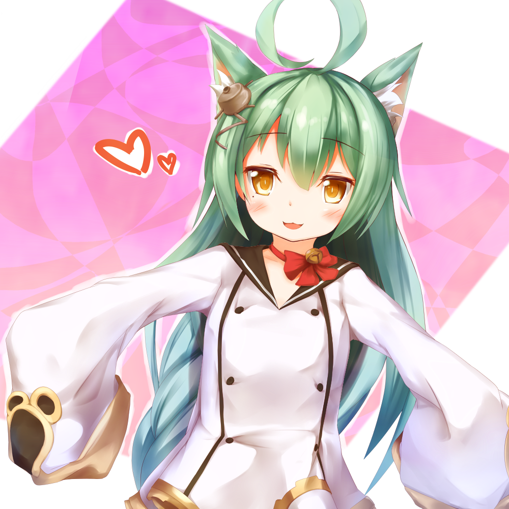 :3 :d ahoge akashi_(azur_lane) animal_ears azur_lane bangs bell black_sailor_collar blush bow braid brown_eyes cat_ears commentary_request dress eyebrows_visible_through_hair green_hair hair_between_eyes hair_ornament heart jingle_bell long_hair long_sleeves looking_at_viewer matamataro mole mole_under_eye open_mouth outstretched_arms red_bow sailor_collar sailor_dress sleeves_past_fingers sleeves_past_wrists smile solo very_long_hair white_dress