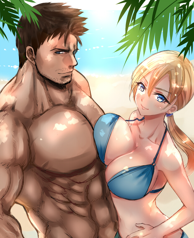 1girl abs asymmetrical_docking beach bikini blonde_hair blue_eyes breast_press breasts brown_hair chest chris_redfield commentary_request day facial_hair jill_valentine leaf looking_at_viewer muscle nagare ocean palm_tree pectorals ponytail resident_evil shade shirtless smile stubble swimsuit tan tree unaligned_breasts upper_body